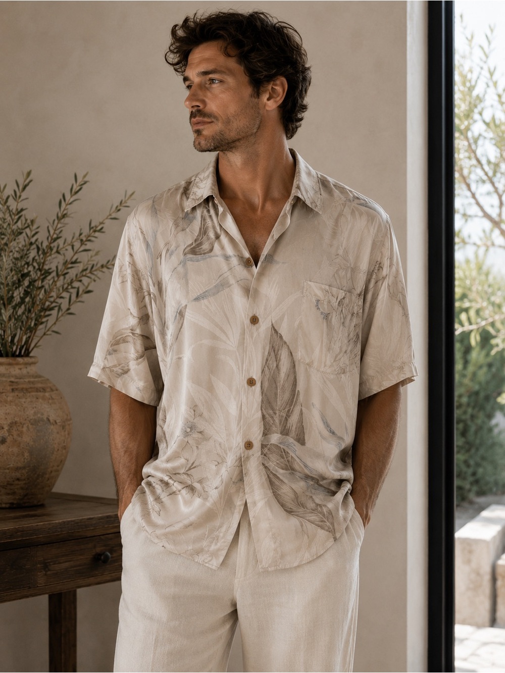 Tommy Bahama Men's Silk Short-Sleeve Leaf Print Shirt - Beige- Medium